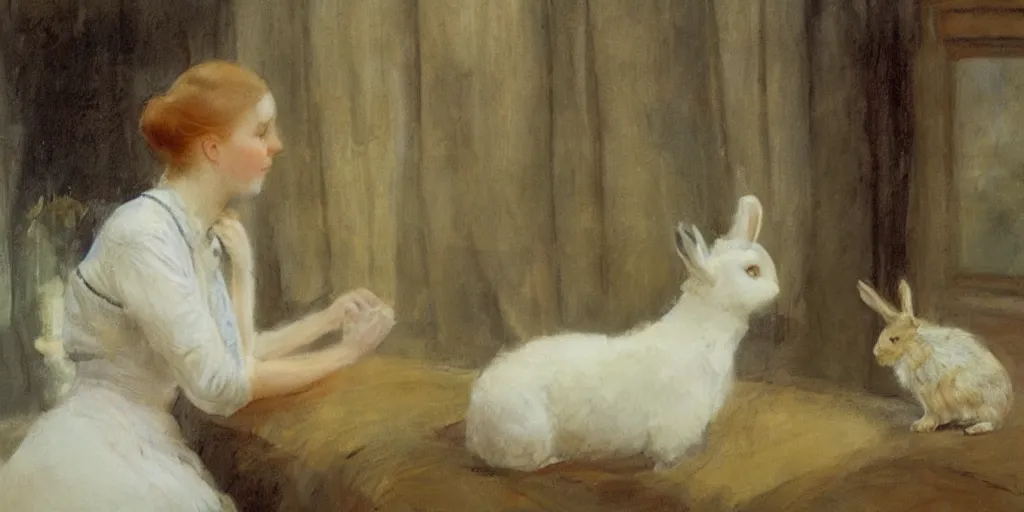 Prompt: a young edwardian woman petting a rabbit by a window, in the style of anders zorn