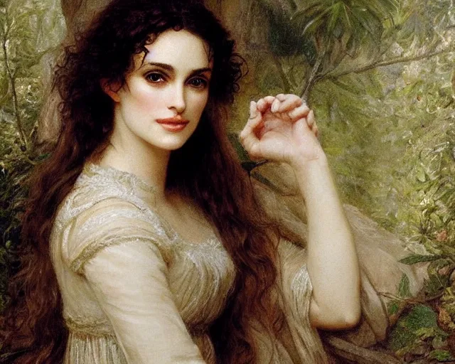 Image similar to portrait en buste of winona ryder kiera knightley in repose by Hughes Merle, by Pierre Auguste Cot, perfect realistic eyes, realistic fabric, abundant detail