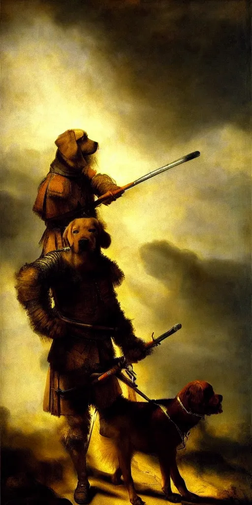 Prompt: dog as hunter with weapon, strong sun backlight sunrays body , extreme very textured detailed portrait oil painting by rembrandt, dramatic clouds and atmosphere