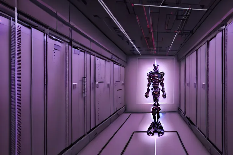 Prompt: hyperrealistic medium shot robot cyborg in wires data center server! by stanley kubrick highly detailed concept art zdzisław beksinski william gibson westworld hbo cinematic low purple lighting high angle hd 8 k sharp shallow depth of field