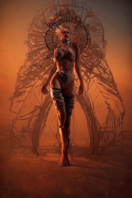 Image similar to a centered photo of a post apocalyptic goddess at burning man festival playa, powerful, cinematic, beautifully lit, by artgerm, by karol bak, 3 d, perfect face and body, trending on artstation, octane render, 8 k