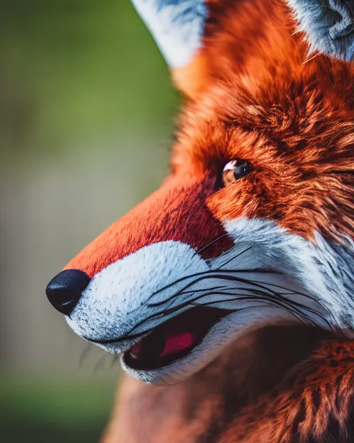 Image similar to portrait photo headshot still of a fursuit, 8 k, 8 5 mm f 1. 8, fursuit, fox