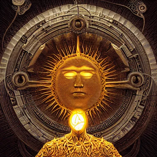 Prompt: sun deity by jeffrey smith and wlop and gustave dore, featuring engine, circuitry, code, binary, cryptonomicon, dmt entity, ambient occlusion, 3 d concept render, scientifically accurate, artstation, intricate, beautiful, look at that detail!