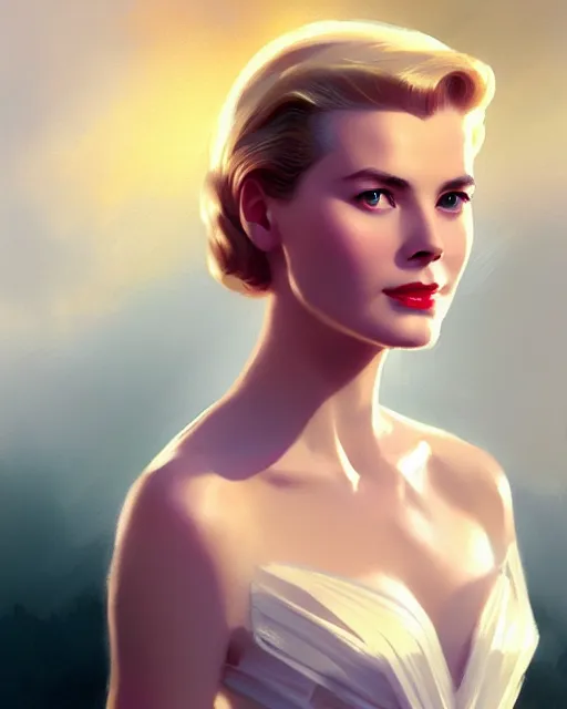 Image similar to photo of grace kelly, film still, dslr, by greg rutkowski, enoch bolles, ross tran, artgerm, wlop glossy skin, pearlescent, very coherent, cute