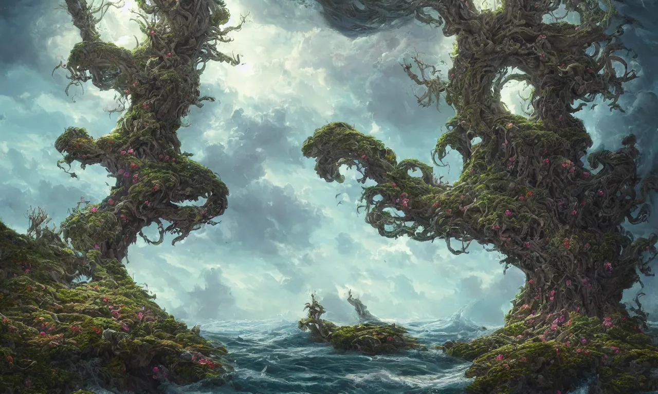 Image similar to a beautiful painting of a huge sacred, mystical, mysterious tree on an island blooming with exotic glowing flowers and bugs in the middle of a violent tumultuous sea by john blanche and greg rutkowski, trending on artstation, midjourney