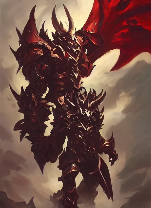 Image similar to Greg Manchess portrait painting of a demonic, devil armored character from league of legends, full shot, asymmetrical, splashscreen, Organic Painting, sunny day, Matte Painting, bold shapes, hard edges, cybernetic, street art, trending on artstation, by Huang Guangjian and Gil Elvgren and Sachin Teng
