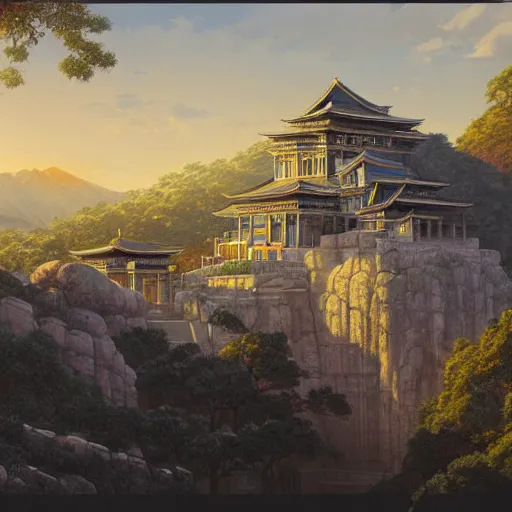 Image similar to concept art painting of a marble temple on top of a mountain, with greek and japanese architecture, overlooking a village in a valley, early morning, realistic, detailed, cel shaded, in the style of makoto shinkai and greg rutkowski and james gurney