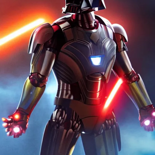 Image similar to a mix between iron man and darth vader, in space, shot on alexa, 3 5 mm cooke, still from a movie, trending on hollywood reporter, realistic, cg render, roger deakins