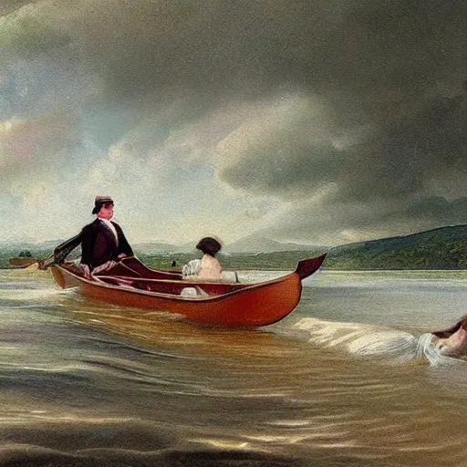 Prompt: 🚣🐃🥣🇬🇧🏖, victorian painting, realistic photo, illustration