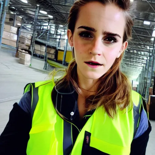 Image similar to photo, close up, emma watson in a hi vis vest, in warehouse, concerned expression, android cameraphone, snapchat story screenshot, 2 6 mm,