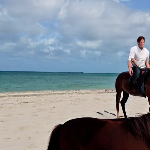 Image similar to michael c hall as dexter morgan riding a mini horse on the beach in miami