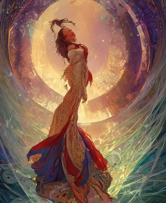 Image similar to a trading card of a wizard surrounded by a whirlwind of magical particles ushing inside the metaverse, half body, fantasy, intricate, elegant, highly detailed, colorful, vivid color, digital painting, artstation, concept art, art by artgerm and greg rutkowski and alphonse mucha and ruan jia