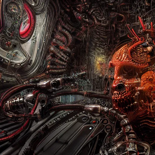 Image similar to cybernetic demon dreaming, lsd, circuitry, intricate detail, royo, whealan, giger, klimt, hd, octane render,