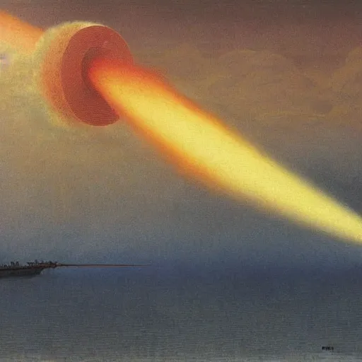 Image similar to naval cannon firing by Zdzisław Beksiński, oil on canvas