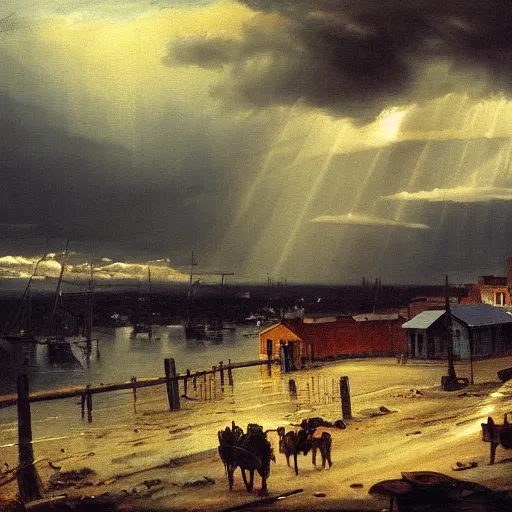 Image similar to oil painting of american old west town, harbour, dramatic storm clouds, dusty street, sunrays, dramatic, very very very beautiful art, cinematic lighting, romanticism by goya