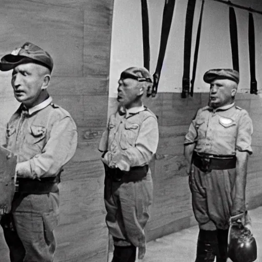 Prompt: punished minions in uniform being tried for war crimes at the nuremberg trials, 1 9 4 5, hyper realistic, sony 5 0 mm lens