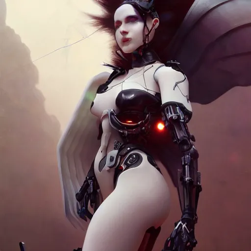 Image similar to Beautiful pale goth cyborg girl with mechanical wings and many wires, masterpiece 4k digital illustration by Ruan Jia and Mandy Jurgens and Artgerm and william-adolphe bouguereau, highly detailed, trending on artstation, award winning,