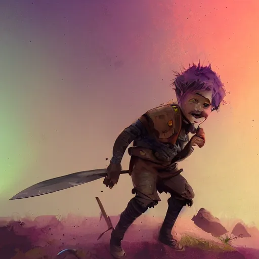 Prompt: male halfling youth adventurer with purple skin, by Ismail Inceoglu, wearing leather adventuring clothes, shabby, short, kid, bald, wielding knife, happy grin, character portrait closeup, digital art, dungeons and dragon, character