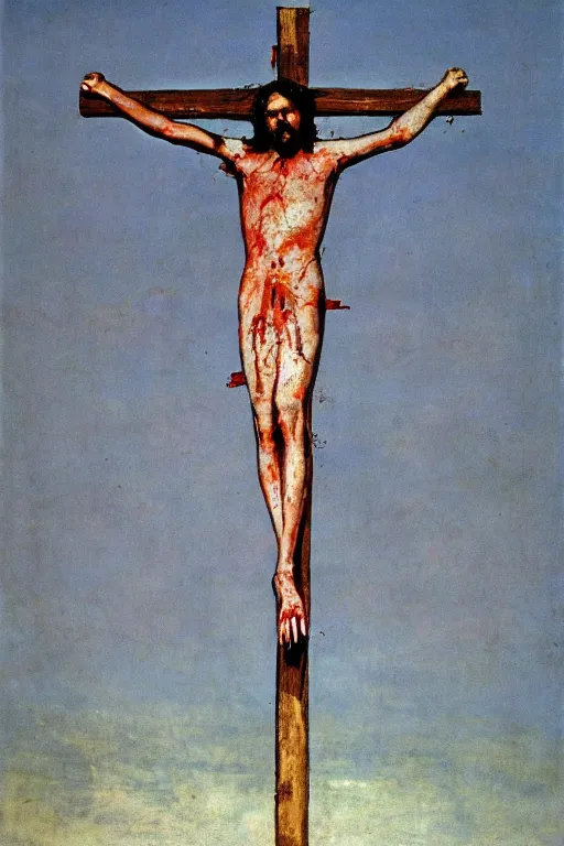 Image similar to bloody christ crucified and huge ufo in the sky painted by cy twombly and andy warhol