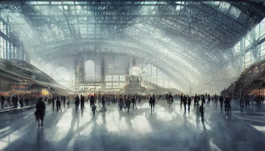 Image similar to berlin hauptbahnhof in year 3 0 2 2 interior, light, shadows, reflections, epic composition, intricate, elegant, volumetric lighting, digital painting, highly detailed, artstation, sharp focus, illustration, concept art, ruan jia, steve mccurry