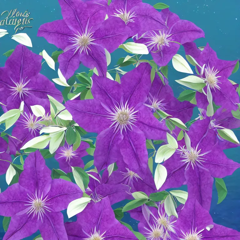 Image similar to clematis theme logo, clematis theme banner, clematis design, clematis in the deep sea, clematis like stars in the sky, trending on artstation, warm light, lovely and cute, fantasy art, 8 k resolution, highly detailed