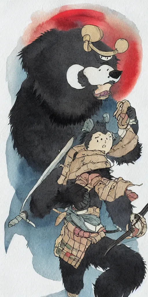Image similar to anthropomorphic, half man half asian black bear, black bear samurai, Moon Bear Samurai, epic, samurai, illustration, watercolor, in the style of Studio Ghibli, Hayao Miyazak