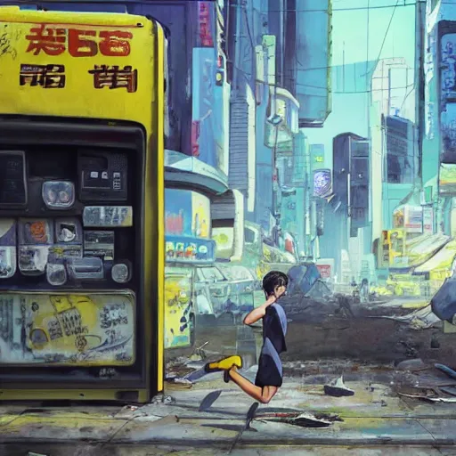 Image similar to incredible wide screenshot, ultrawide, simple watercolor, rough paper texture, ghost in the shell movie scene, backlit distant shot of girl in a parka running from a giant robot invasion side view, yellow parasol in deserted dusty shinjuku junk town, broken vending machines, bold graphic graffiti, old pawn shop, bright sun bleached ground, mud, fog, dust, windy, scary robot monster lurks in the background, ghost mask, teeth, animatronic, black smoke, pale beige sky, junk tv, texture, brown mud, dust, tangled overhead wires, telephone pole, dusty, dry, pencil marks, genius party,shinjuku, koji morimoto, katsuya terada, masamune shirow, tatsuyuki tanaka hd, 4k, remaster, dynamic camera angle, deep 3 point perspective, fish eye, dynamic scene