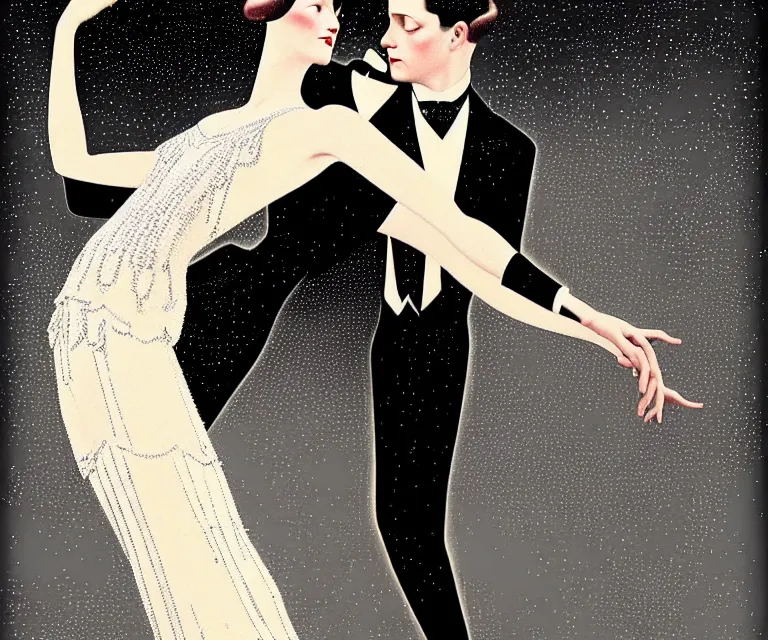 Prompt: a beautiful classy dancing couple, dimly lit upscale 1920s speakeasy, relaxed pose, art deco, detailed painterly digital art style by Coles Phillips and Alfred Charles Parker, 🍸, 8k octane beautifully detailed render, post-processing, extremely hyperdetailed, intricate, epic composition, grim yet sparkling atmosphere, cinematic lighting + masterpiece, trending on artstation, very detailed, vibrant colors, Art Nouveau, masterpiece