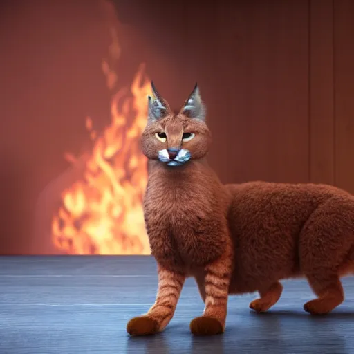 Image similar to wide-angle photo of fluffy caracal sitting on a wooden chair in a room, flames of fire at background, octane render, 3d, 8k, hd, studio light
