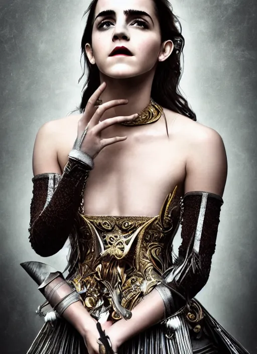 Image similar to expressive full body photo of a emma watson, headpiece made from knives, dress made of swords, glamour shot, by karol bak, by stefan gesell, photorealistic, canon r 3, fashion photography, hyper maximalist, elegant, ornate, luxury, elite, environmental portrait, symmetrical features, octane render, unreal engine, solid dark grey background, dramatic lights