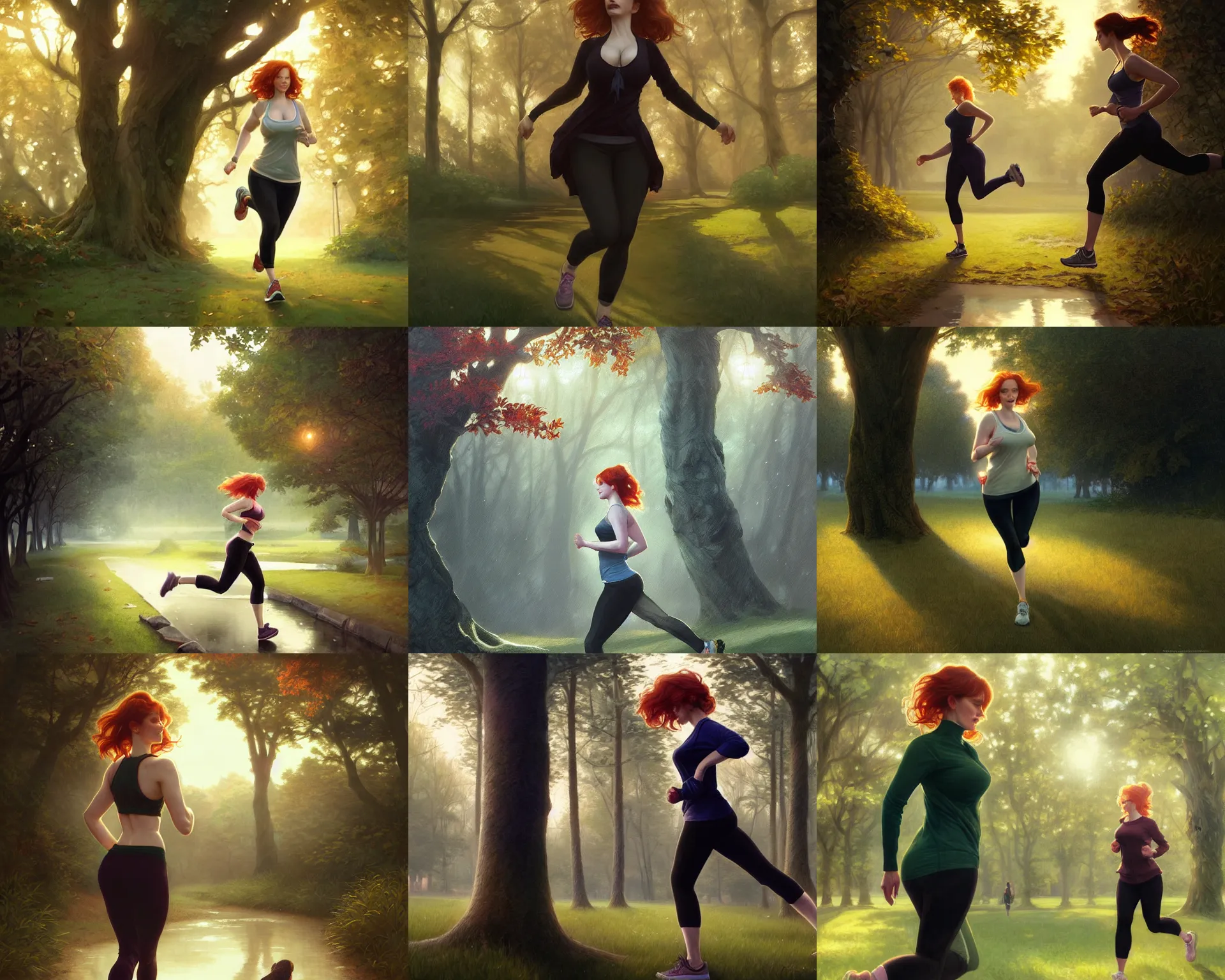 Prompt: christina hendricks jogging through a park at dawn, deep focus, intricate, elegant, highly detailed, digital painting, artstation, concept art, matte, sharp focus, illustration, art by artgerm and greg rutkowski and alphonse mucha