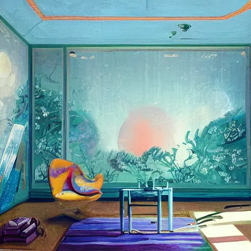 Prompt: illustration intituled Painting inside painting,, painting of a living room where there is a lot of painting canva displayed on the walls, by Victo Ngai and James Gilleard and Bruce Pennington