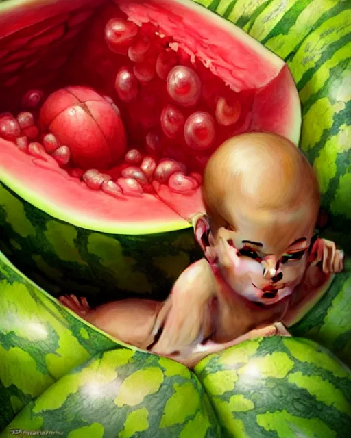 Prompt: an baby living inside a giant watermelon womb, watermelon amber, watermelon womb, highly detailed, digital painting, artstation, concept art, smooth, sharp focus, illustration, art by artgerm and greg rutkowski and alphonse mucha