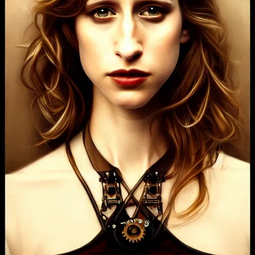 Image similar to in the style of rob hefferan, beautiful taissa farmiga, steampunk, elegant pose, middle shot waist up, symmetrical face symmetrical eyes, cinematic lighting, detailed realistic eyes, short neck, insanely detailed and intricate elegant