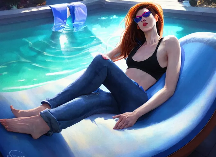 Prompt: closeup portrait of widowmaker relaxing in jeans and a t - shirt on a floating pool chair, sunny, bright, reflections, intricate, sharp focus, lens flare, bloom, illustration, highly detailed, digital painting, concept art, matte, art by ruan jia and wlop and greg rutkowski, masterpiece