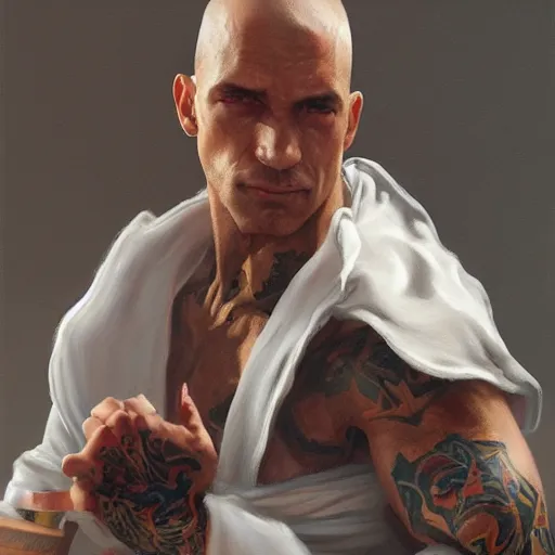 Image similar to A detailed matte oil on canvas painting of a white male martial artist monk, orchid arm tattoos by greg rutkowski and artgerm, trending on artstationhd, dungeons and dragons art