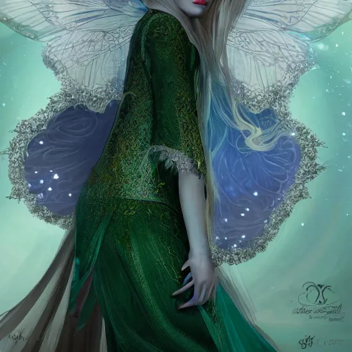 Image similar to detailed portrait of a fairy queen with wings wearing a silk and lace robe and a lace hood over her face, pixie, realism, emerald, galaxy, sapphire,blonde hair going down to the floor, moonlit, dark fantasy, dramatic lighting, cgsociety, artstation