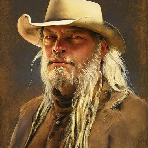 Image similar to Solomon Joseph Solomon and Richard Schmid and Jeremy Lipking victorian genre painting portrait painting of David Gilmour a rugged cowboy gunfighter old west character in fantasy costume, rust background