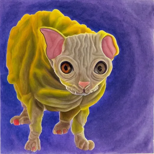 Prompt: painting of a devon rex, cornish rex tardigrade cat glowing in the moonlight looking curious