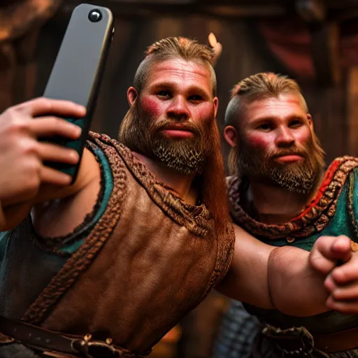 Prompt: Selfie shot, viking brothers in a crowded tavern, anatomically correct, dof, Arnold Render, intricately detailed, 8k