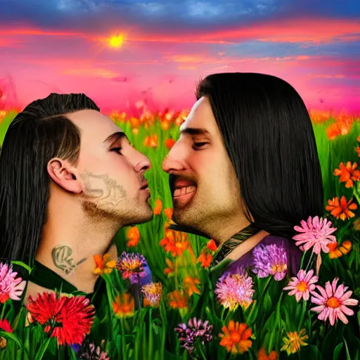 Image similar to a gay couple together in a field of flowers at sunset, realistic, intricate, 4k