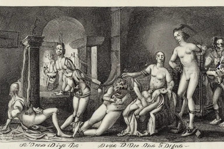 Prompt: 1 8 th century engraving illustrating a novel by the marquis de sade