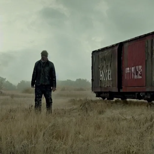 Prompt: trainwreck, boxcar destruction, atmospheric and depressed, post-apocalyptic, Cinematic, film still from a horror movie