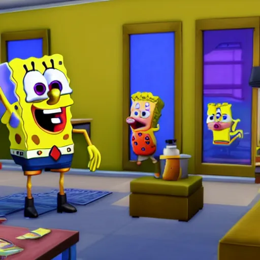 Image similar to SpongeBob with real sims in the sims 4 game, hyper realism, depth of view 8k. , connected trough wired, on a advanced lab, octane render, 4k, 8k, unreal 5, very detailed, hyper realism, trending on artstation.