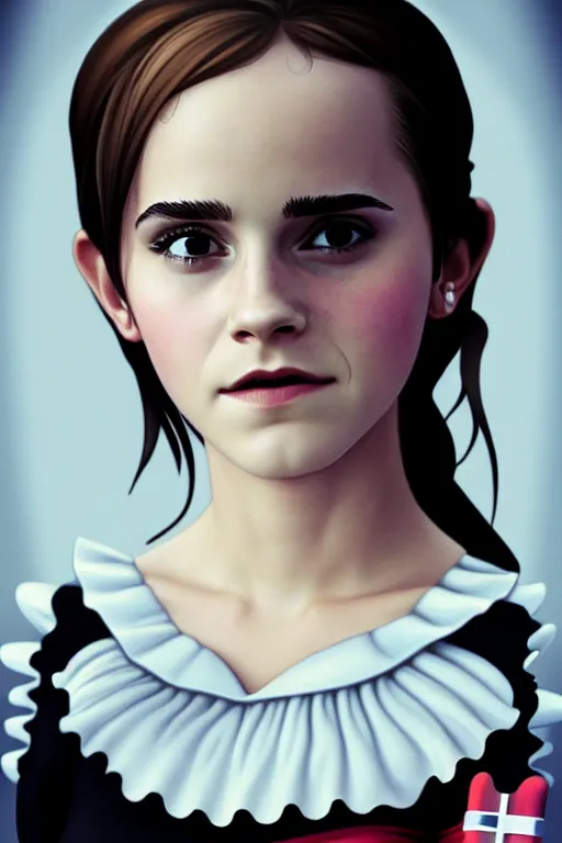 Image similar to A film still of emma watson in cosplay as a french maid, highly detailed, digital painting, artstation, concept art, sharp focus, illustration, cinematic lighting, art by artgerm and greg rutkowski and alphonse mucha diffuse lighting, fantasy, intricate, elegant, highly detailed, lifelike, photorealistic, digital painting, artstation, illustration, concept art, smooth, sharp focus, art by John Collier and Albert Aublet and Krenz Cushart and Artem Demura and Alphonse Mucha