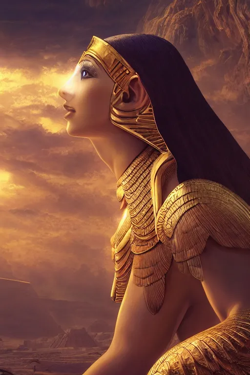 Image similar to portrait of an egyptian god, fantasy ,volumetric lighting, intricate, elegant, hyperdetailed 3d matte painting, highly detailed, digital painting, artstation, smooth, sharp focus, illustration, art by Makoto Shinkai and artgerm, hyperrealism, hyperrealistic, cinematic masterpiece, fantasy style 8k ultrahd octane render