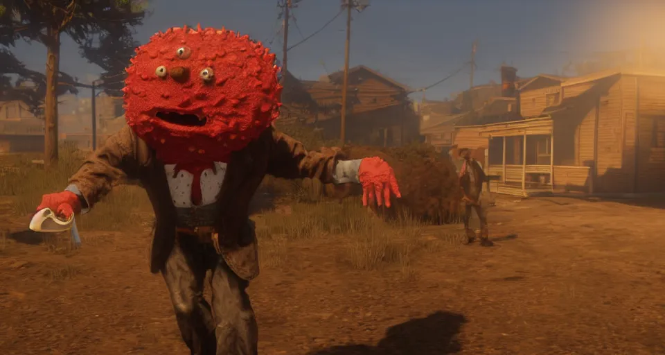 Image similar to Screenshot of Meatwad from Aqua Teen Hunger Force as a 3d cowboy in full cowboy attire in the videogame 'Red Dead Redemption 2'. Sharpened. 1080p. High-res. Ultra graphical settings.