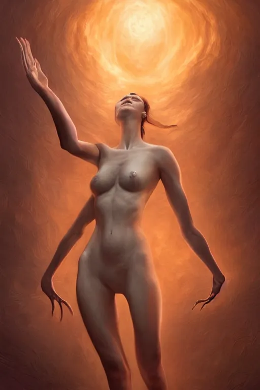 Image similar to an extremely high quality hd, a digital painting of a woman with her hands in the air, digital art by clint cearley, featured on zbrush central, metaphysical painting, lovecraftian, fractalism, cosmic horror, 8 k, ultra realistic, very realistic