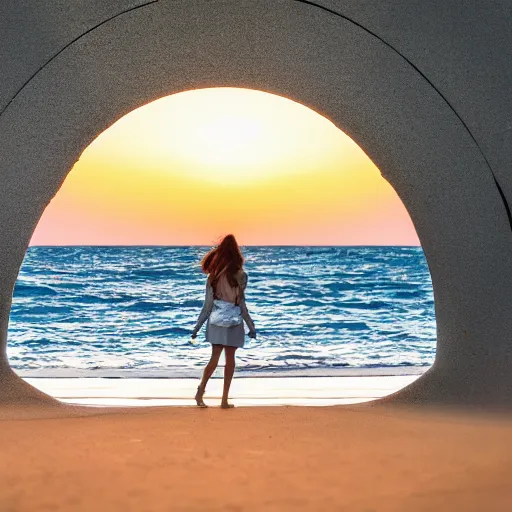 Prompt: a woman facing a oval blue energy portal on the street, which shows a beach at sunset