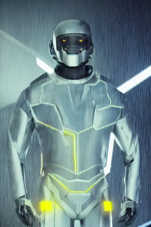 Image similar to cyborg wearing the jacket of the future. ultra technological jacket. techwear. detailed. ultra realistic. octane render. studio illumination. rainy. blue, matte grey and yellow colors.